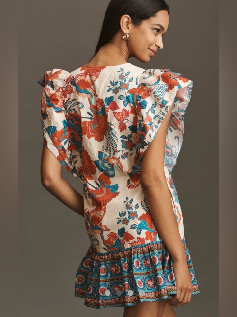 Farm rio for Anthropologie Floral Ruffle Mini Dress in Teal & Coral - Picture 3 of 6